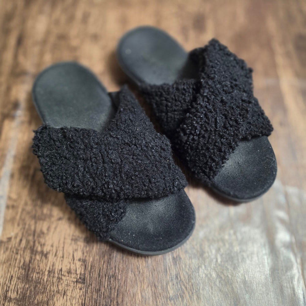VIONIC Relax III Slippers Womens 9 Black Faux Fur Orthotic Slide Sandals